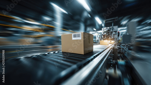 High-speed packaging machine apply smart label to box in production line, automated packaging. Shipment preparation and industrial logistics distribution manufacturing efficiency operations technology