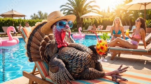 A vibrant and joyful thanksgiving celebration unfolds poolside with friends and family basking in the warm sunshine and creating lasting memories together