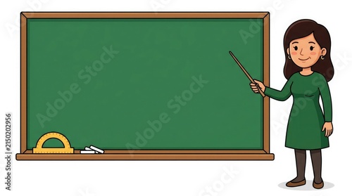 A friendly female teacher standing next to a large empty green chalkboard holding a pointer for celebrating the annual teacher's day event