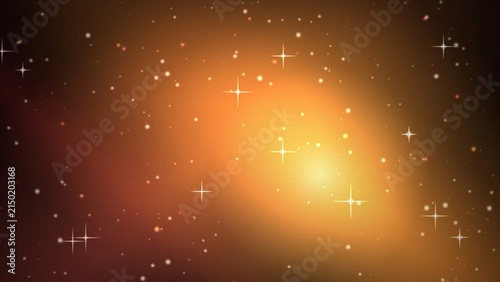 Bright golden nebula with sparkling stars and luminous light flares in a cosmic expanse