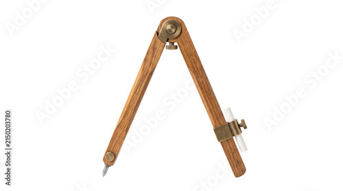 Vintage wooden drafting compass tool for drawing circles and technical design isolated on transparent background