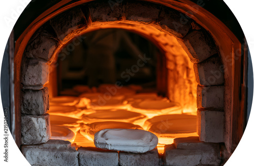 Inside the high-temperature factory facility, white ceramic parts are baked in an industrial kiln. Machine workers carefully place and harden the clay product items in a hot oven furnace. This manufac
