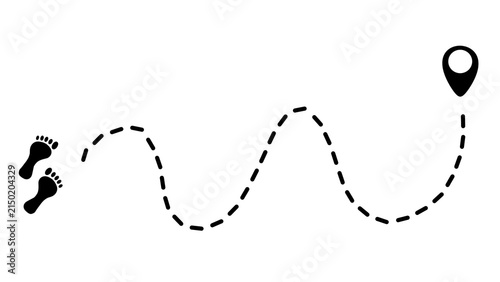 Human footprints on a dashed line path to a final waypoint pin. Winding path marked by dotted lines and stylized footprints. Concept of a journey, route or tracking movement to a final destination.