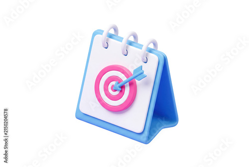 3d desktop calendar with target icon for goal setting with blue arrow on transparent background