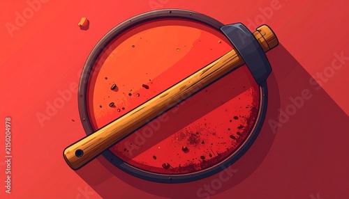 Red Prohibited Symbol with Wooden Barrier on Bold Background.