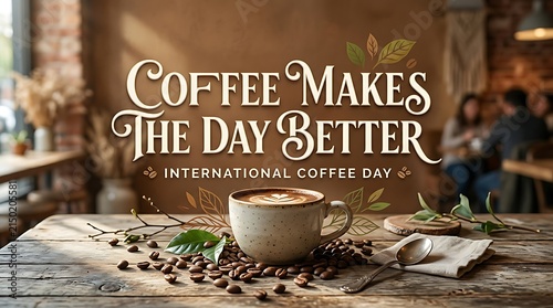 International Coffee Day greeting card with a warm cup of latte on a rustic wooden table background