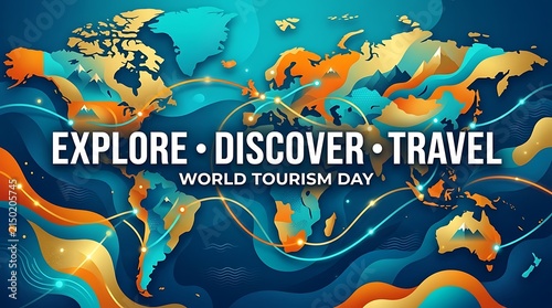 World tourism day banner with stylized global map illustration featuring vibrant orange and blue abstract flow lines