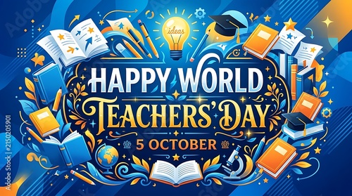 Happy World Teachers Day greeting card with books globe and graduation cap on blue background vector illustration