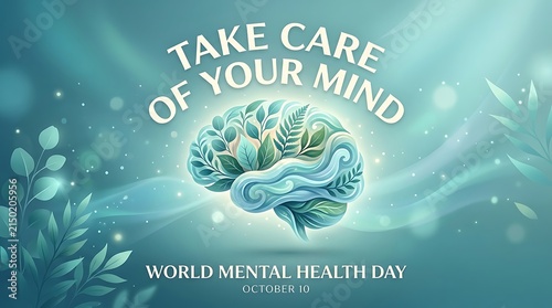 Human brain illustration with botanical leaves for World Mental Health Day awareness concept on teal background