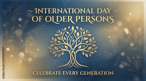 International Day of Older Persons greeting card with golden tree illustration on blue bokeh background design