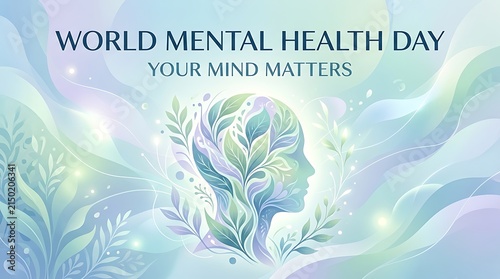 World Mental Health Day banner with human head silhouette made of leaves and soft pastel abstract background