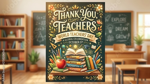 World Teachers Day greeting card design with books apple and school supplies on a dark background