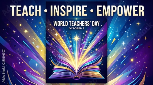 World Teachers Day poster design featuring an open glowing book with magical light rays and stars