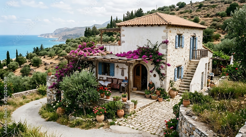 Fototapeta premium Traditional mediterranean stone house with sea view and bougainvillea