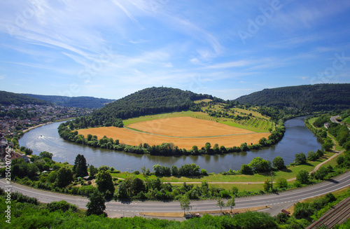 View from the Hinterburg castle of the Neckar loop near Dilsberg, the town of Neckarsteinach, and the Neckar River. Odenwald, Hesse – Germany. 