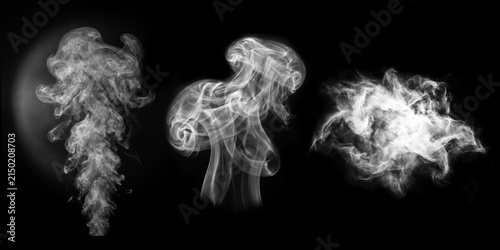 Wisps of smoke in various abstract shapes perfect for graphic overlays digital art and atmospheric effects Fog and clouds effect for design Smog elements abstract white smoke. Smoke on black