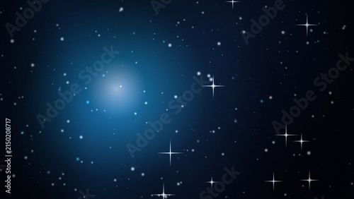 Deep blue starry night sky with a bright central light and scattered twinkling stars