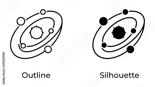 Bild auf Leinwand Solar System Icon: Two stylized representations of a solar system, one in outline and the other as a silhouette, featuring planets orbiting a central star