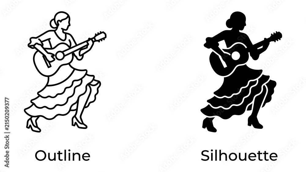 Fototapeta premium Flamenco Dancer with Guitar: Two artistic representations of a flamenco dancer, one in outline and the other in silhouette, both in a dynamic pose playing a guitar, evoking passion and rhythm