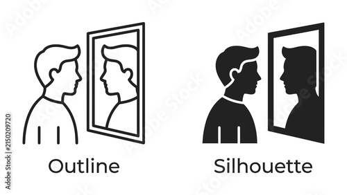 Obraz na plátně Man Looking in Mirror: A line drawing and a silhouette icon of a man looking into a mirror, symbolizing introspection, identity, or self-reflection