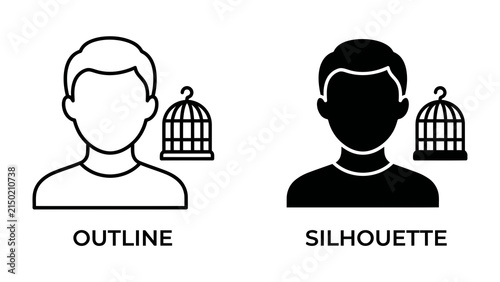 Bild auf Leinwand Caged Mind: A person's silhouette and outline stand beside an empty birdcage, symbolizing confinement and the struggle for freedom of thought and expression