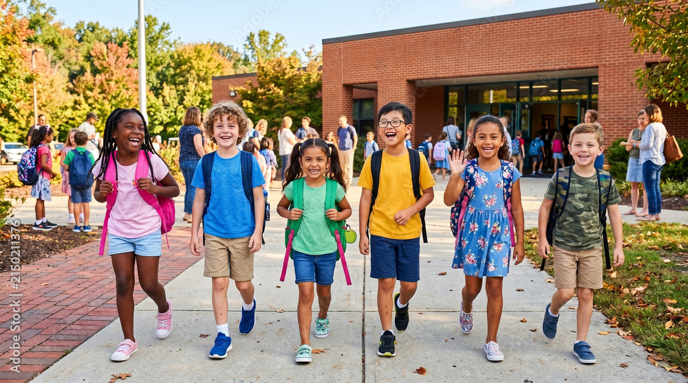 Fototapeta premium Students walk happily toward the school entrance while wearing their colorful backpacks together.