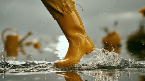 Close-up of a person wearing yellow rain boot stepping into a water puddle creating splashing droplets outdoors