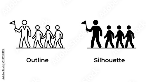 фотографія Leading the Way: A group of people, depicted in both outline and silhouette, follows a leader holding a flag, symbolizing guidance and collective movement