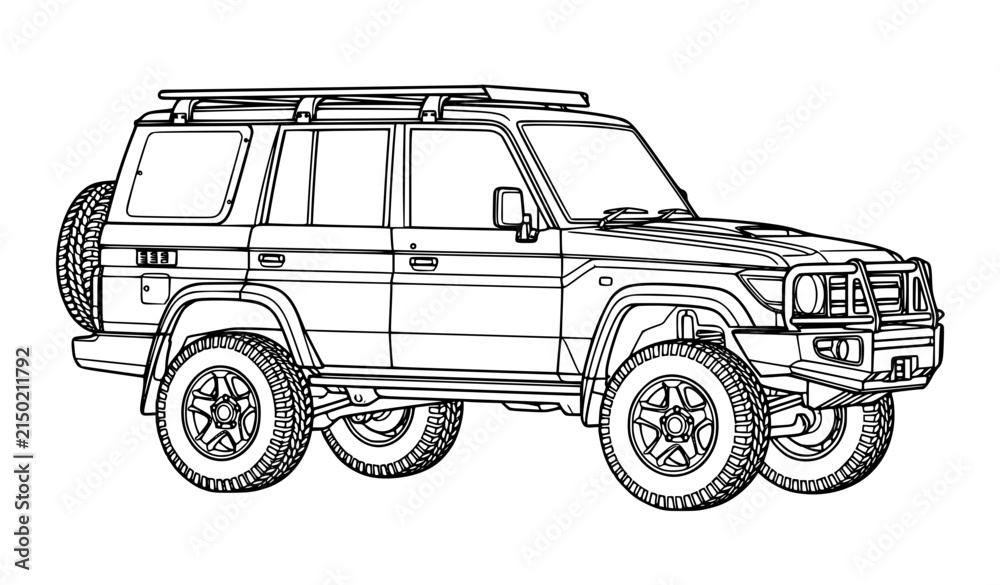 Fototapeta premium Rugged off road SUV with roof rack line art vector outline icon