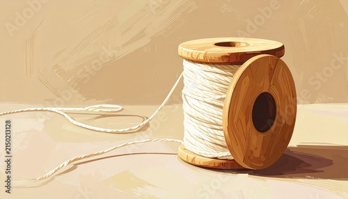 Wooden spool of white thread on light background.