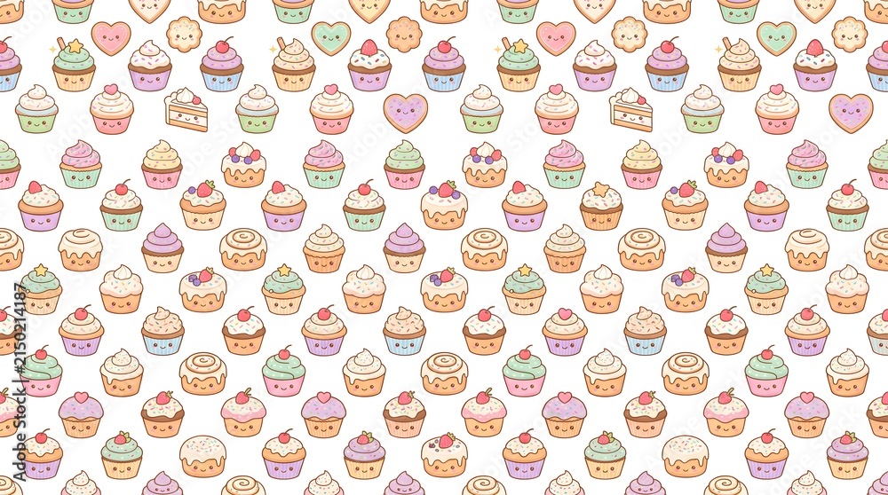 Sweet bakery seamless pattern vector background with donut, cupcake, cookie, strawberry dessert, and pastel elements.
