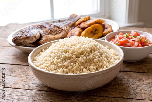 Traditional Ivory Coast Attieke Served with Fried Plantains, Grilled Fish, and Fresh Tomato Salsa