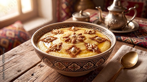 Algerian Tamina semolina porridge with honey and almonds served in a patterned ceramic bowl