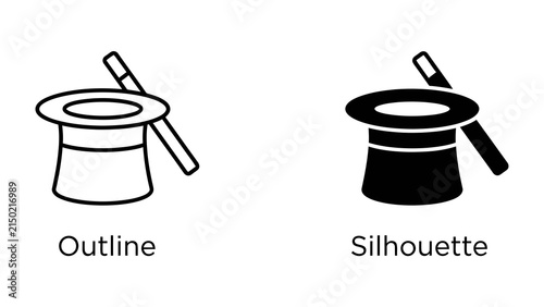 Картината върху платно Magic Hat and Wand: A classic magician's top hat and wand, presented in both outline and silhouette styles, symbolizing mystery and illusion