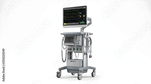 Medical patient monitor on cart displaying vital signs, isolated on white background.