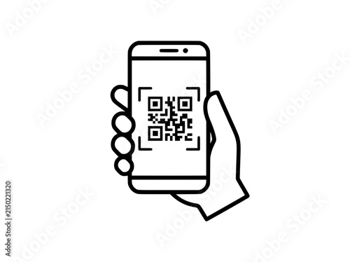 QR code scanning on smartphone screen, hand holding mobile phone with digital barcode, contactless payment and data transfer vector icon