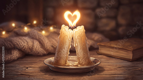 Two heart-shaped melting candles on a rustic wooden table, surrounded by soft lighting and a cozy atmosphere