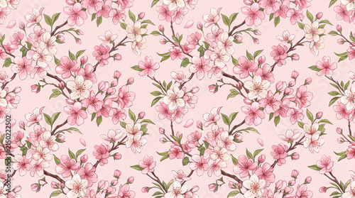 Seamless floral pattern featuring delicate cherry blossoms in shades of pink and green on a soft pink background