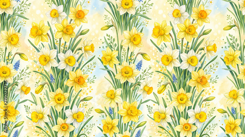 A seamless pattern featuring vibrant yellow daffodils surrounded by delicate blue flowers and green foliage on a soft pastel background