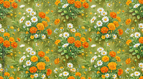 Seamless pattern featuring vibrant orange marigolds and white daisies against a lush green background