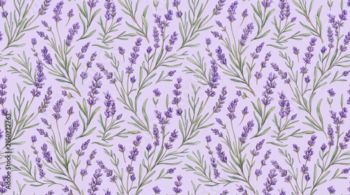 Seamless lavender floral pattern on a soft purple background, evoking tranquility and nature