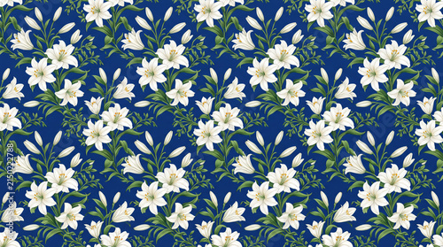 Seamless floral pattern with white flowers and green leaves on a deep blue background, creating a soothing and elegant design
