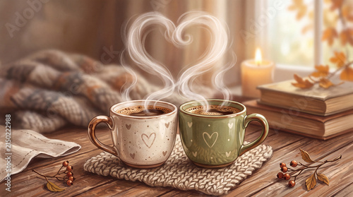 Two coffee cups with steam forming a heart shape, surrounded by a cozy atmosphere with books and autumn decor