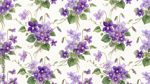 Seamless pattern of vibrant purple violets with green leaves on a light background, creating a fresh floral aesthetic