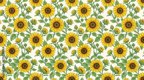 Seamless floral pattern featuring vibrant sunflowers and greenery on a light background
