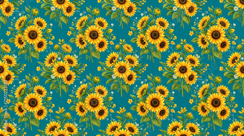 Seamless pattern featuring vibrant sunflowers against a teal background, creating a cheerful and lively atmosphere