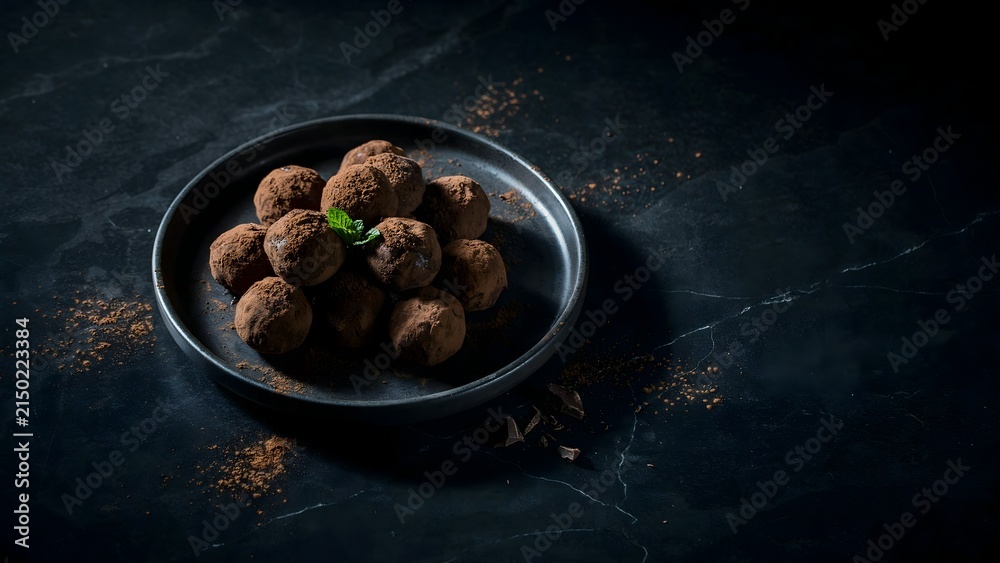 Fototapeta premium Delightful Chocolate Truffles on Dark Plate Surrounded by Cocoa Dust