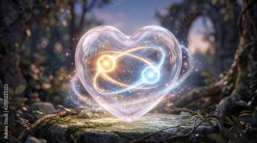 Two glowing orbs inside a heart-shaped bubble surrounded by lush greenery and soft lighting creates a magical atmosphere
