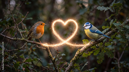 Two colorful birds perched on branches with a glowing heart symbol made of sparkles in a lush green forest