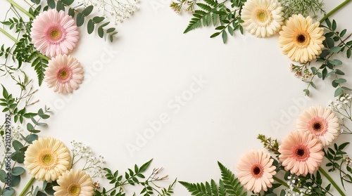 Freshly arranged gerbera daisies and lush green foliage forming a beautiful floral border on a clean white background, perfect for spring or celebration designs
